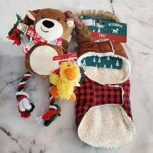 Plaid Dog Jacket, Reindeer & Duck Dog Toys bundle